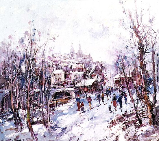 Winter Scene in a French Cathedral Town de Heinrich Hansen