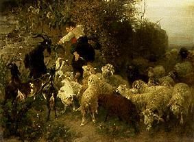 Boys at this feed of goats and sheep de Heinrich von Zügel