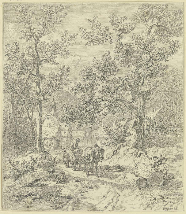 Waldinneres mit Bauer auf Fuhrwerk de Heinrich Winter