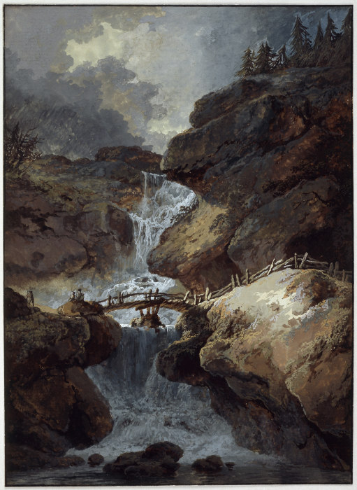 Wasserfall in einer Felsenschlucht bei Gewitterstimmung de Heinrich Wüest