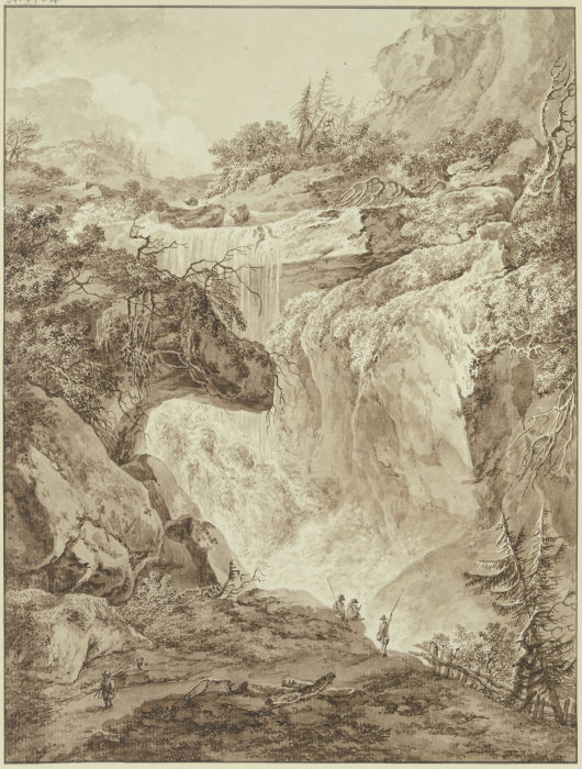 Wasserfall in einer Gebirgsschlucht, im Vordergrund vier Angler de Heinrich Wüest
