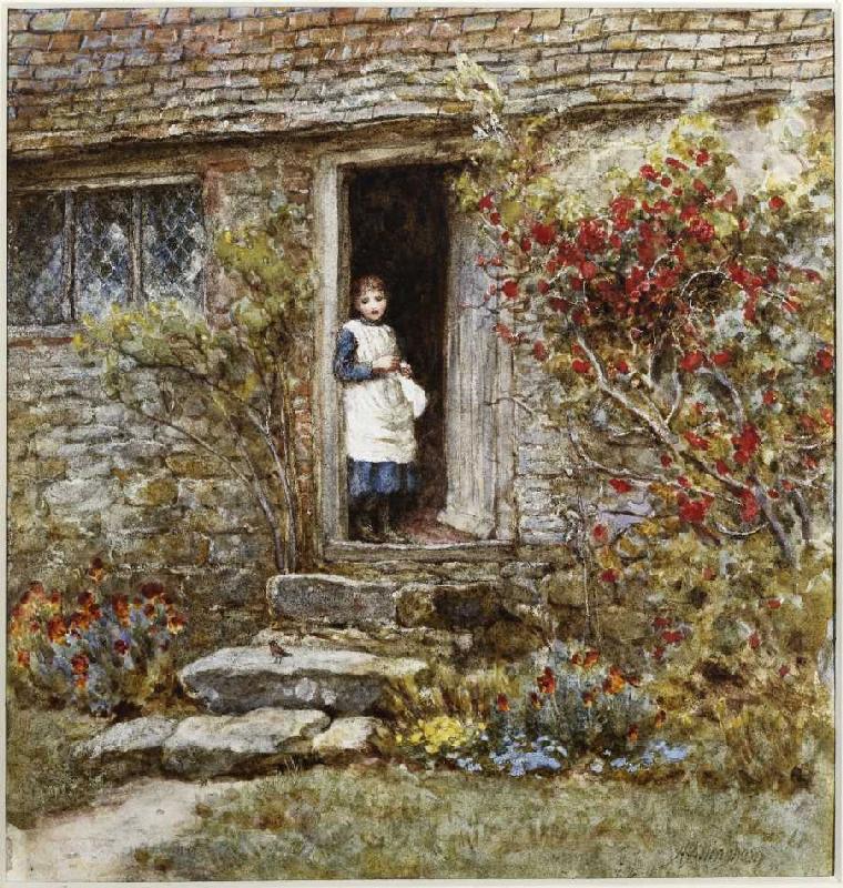 Mädchen in der Tür eines Bauernhauses. de Helen Allingham