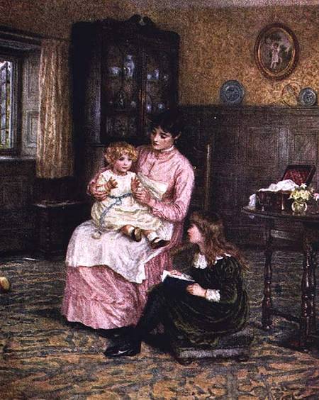 Mother playing with children in an interior de Helen Allingham