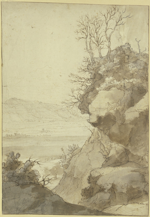 Landschaft, rechts eine große Felspartie mit dürren Bäumen de Hendrick Mommers