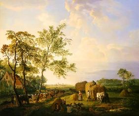 Landscape with hay harvest and cattle herd