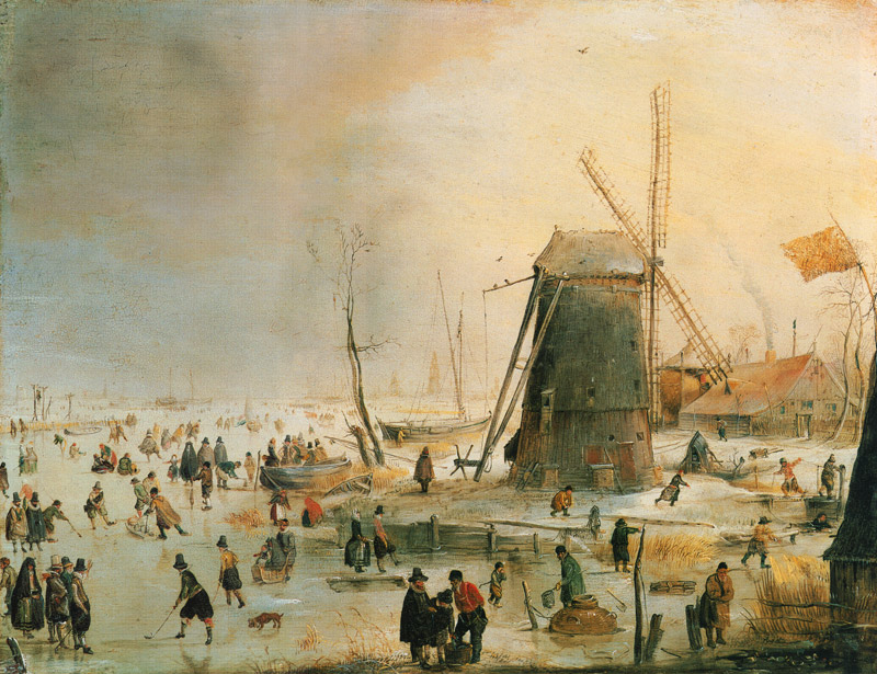 Winter landscape with skate drivers for a windmill de Hendrik Averkamp