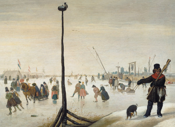 A duck hunter and his dog in a winter landscape (panel) de Hendrik Averkamp