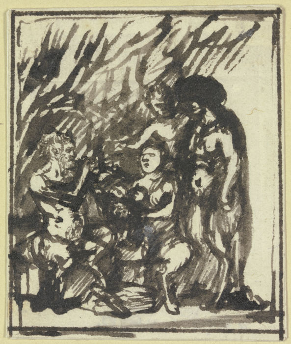 Gruppe von vier Satyrn, von denen einer Rohrpfeife spielt de Hendrik Goudt
