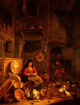 A Kitchen Interior with a Woman Peeling Potatoes beside a Dog, a Man Smoking in front of a Fire beyo