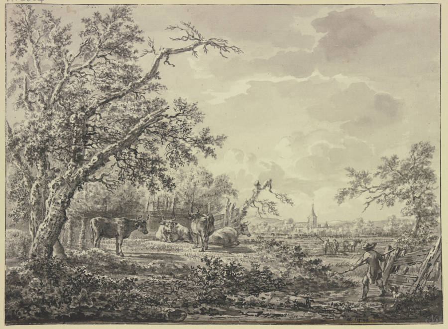 Am Waldesrand bei einem Zaun Vieh und ein Hirte de Hendrik Schepper