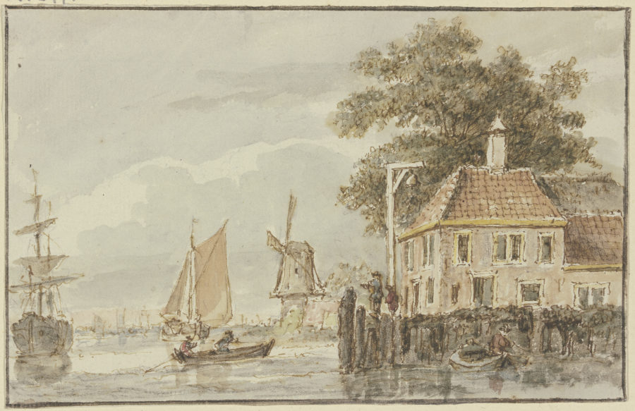 Haus am Wasser und Windmühle, dabei mehrere Schiffe de Hendrik Spilman