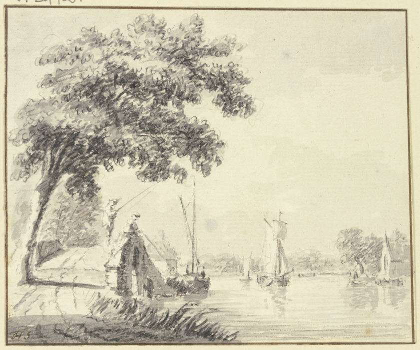 Steinerne Brücke mit zwei Anglern bei einem Fluß de Hendrik Spilman
