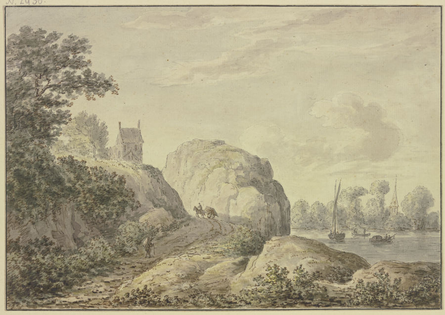 Felsiges Ufer an einem Fluß, links oben eine Kapelle de Hendrik Tavenier