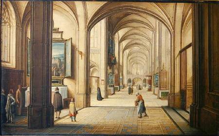 Church interior with a sacristan showing a painting to visitors de Hendrik van Steenwyk