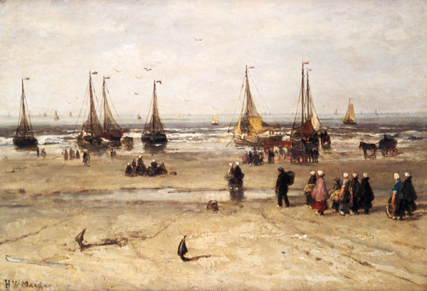 Sea beach with fishing boats and fisherman people de Hendrik Willem Mesdag