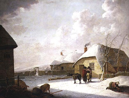 Figures Outside a Cottage in the Snow de Hendrik Willem Schweickardt