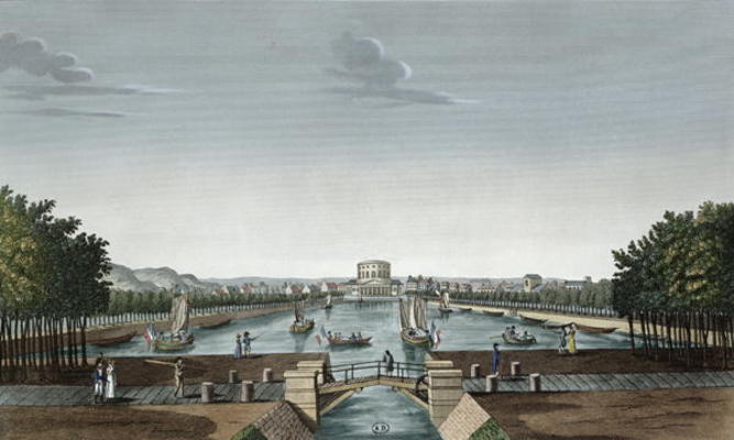 Vief of the Bassin du Canal de l'Ourq a la Villette, c.1815-20 (colour engraving) de Henri Courvoisier-Voisin
