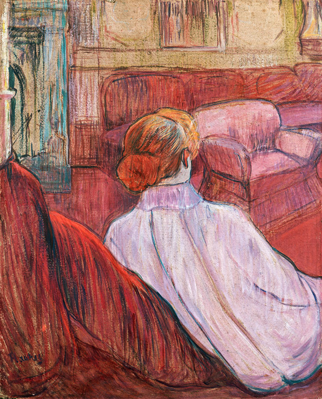 Frau auf einem roten Sofa. de Henri de Toulouse-Lautrec
