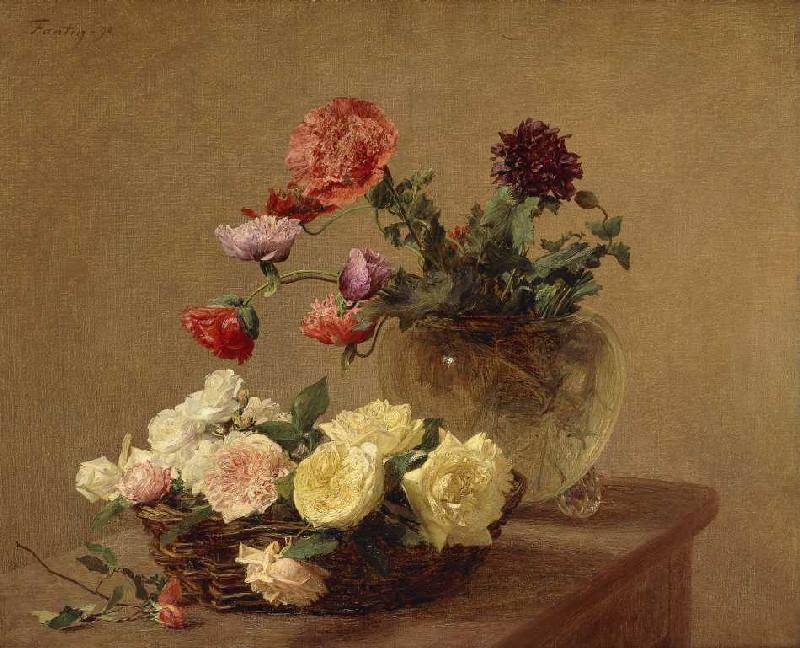 Flowers into glass vase and basket with roses de Henri Fantin-Latour