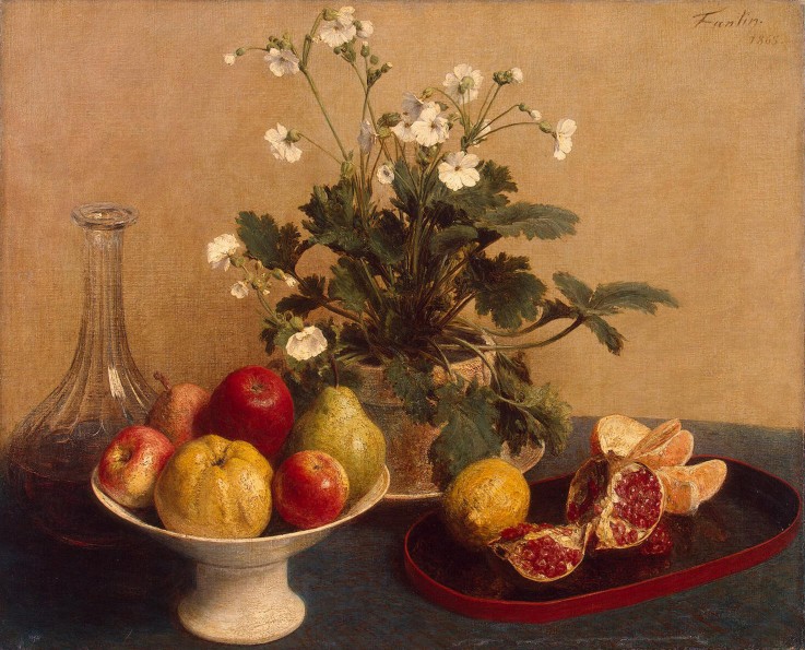 Flowers, Dish with Fruit and Carafe de Henri Fantin-Latour