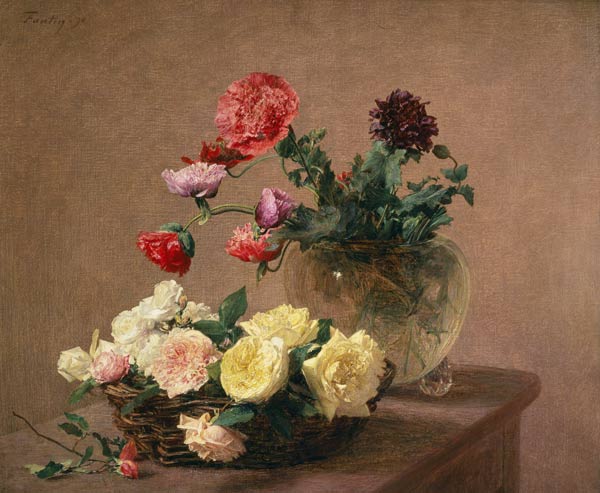 Poppies in a Crystal Vase, or Basket of Roses de Henri Fantin-Latour