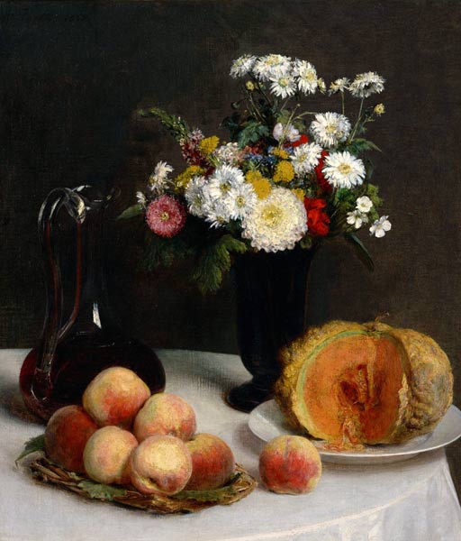 Still Life with Decanter, Flowers and Fruits de Henri Fantin-Latour