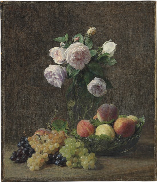 Vase de roses, pêches et raisins de Henri Fantin-Latour