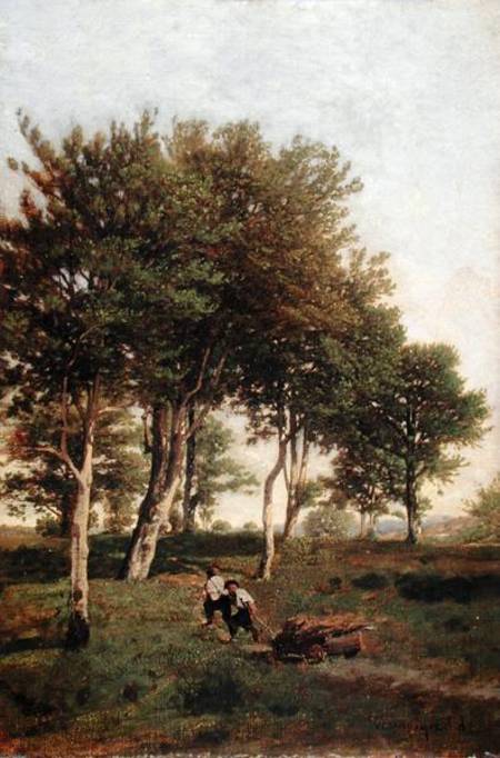 Landscape with Two Boys Carrying Firewood de Henri Harpignies
