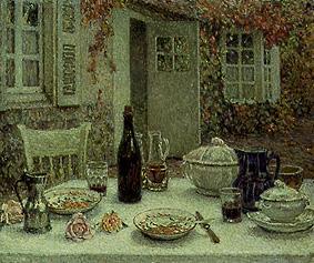 The spread table in front of the house. de Henri Le Sidaner