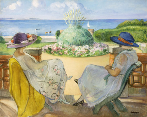 Zwei junge Frauen auf einer Terrasse am Meer de Henri Lebasque