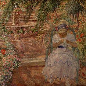 Woman under palms doing needlework