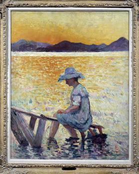 Saint Tropez, sunset A woman sitting her feet in the water on the shore. Painting by Henri Manguin (