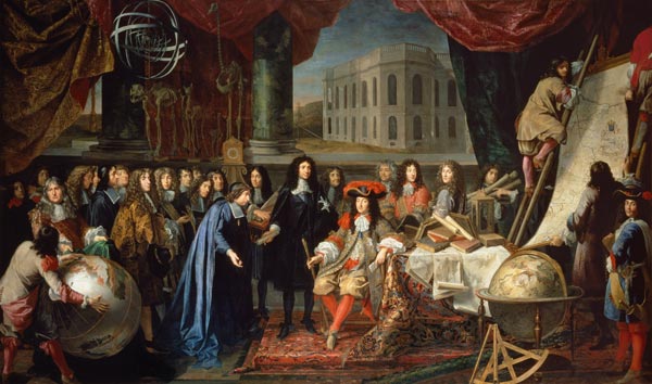Juan Bautista Colbert presentando los miembros de la Academia Real de la Ciencia a Luis XI de Henri Testelin