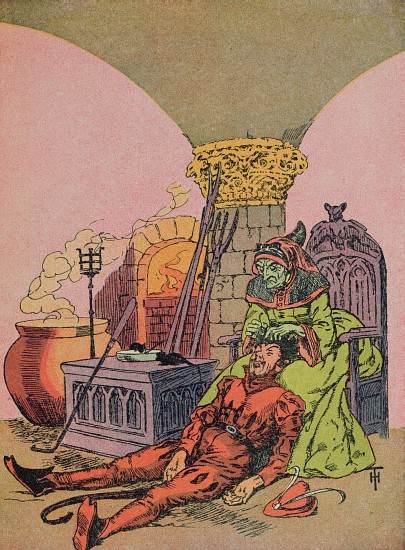 The devils mother pulling the golden hairs from her sons head,illustration for the Grimm fairy tale  de Henri Thiriet