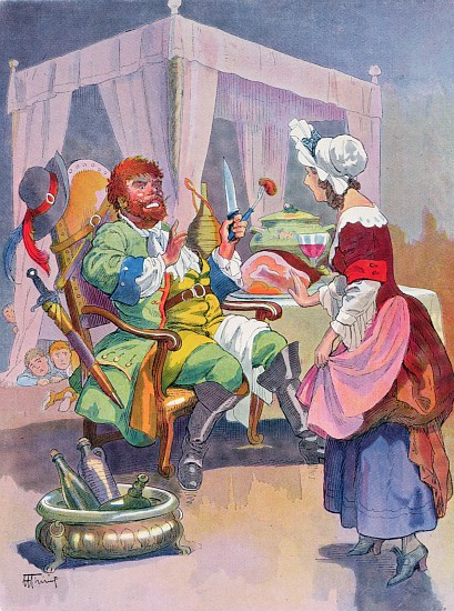 The Ogre smells fresh human flesh, illustration for a Perrault fairy tale Tom Thumb (Le Petit Poucet de Henri Thiriet