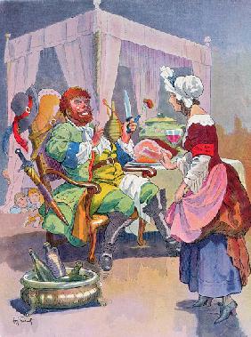 The Ogre smells fresh human flesh, illustration for a Perrault fairy tale Tom Thumb (Le Petit Poucet