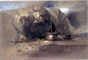 A Fishing Smack and a Small Boat drawn up on the Shore Beneath a Rocky Cliff