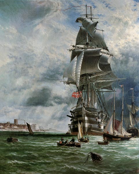 H.M.S. St. Vincent at her Moorings off the Entrance to Haslar Creek, Portsmouth de Henry Dawson