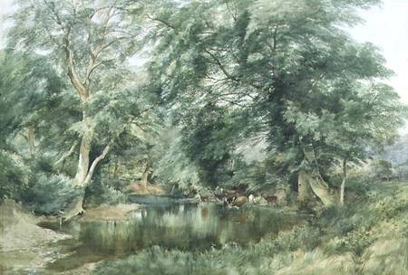 Landscape with Deer Drinking from a River de Henry Jutsum