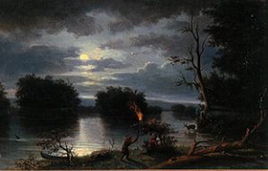 Indian at a nightly stag-hunt at the Mississippi. de Henry Lewis