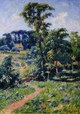 Landscape with trees and a path leading to a cottage (oil on canvas)