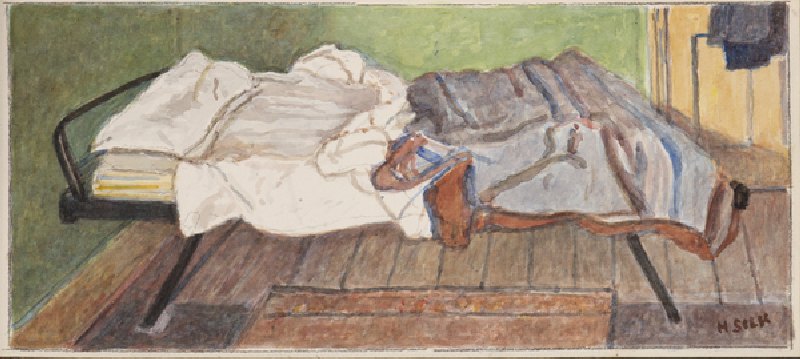 Camp bed, c.1930 (pencil & w/c on paper) de Henry Silk