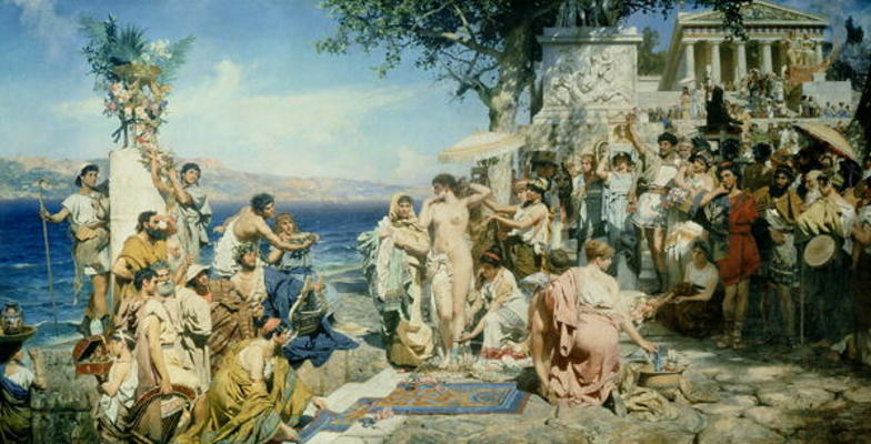 Phryne at the Festival of Poseidon in Eleusin (oil on canvas) de Henryk Siemieradzki