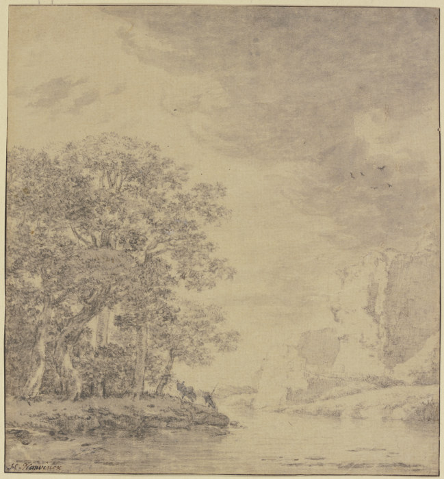 Baumpartie am Wasser, rechts eine Felsböschung de Herman Naiwinx