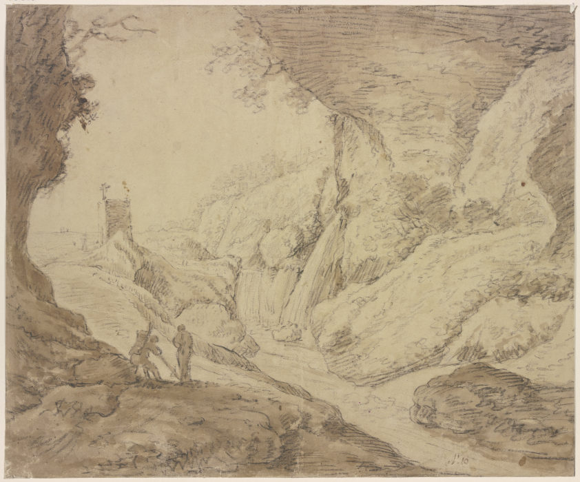 Felsige Landschaft mit Wasserfall de Herman Saftleven III