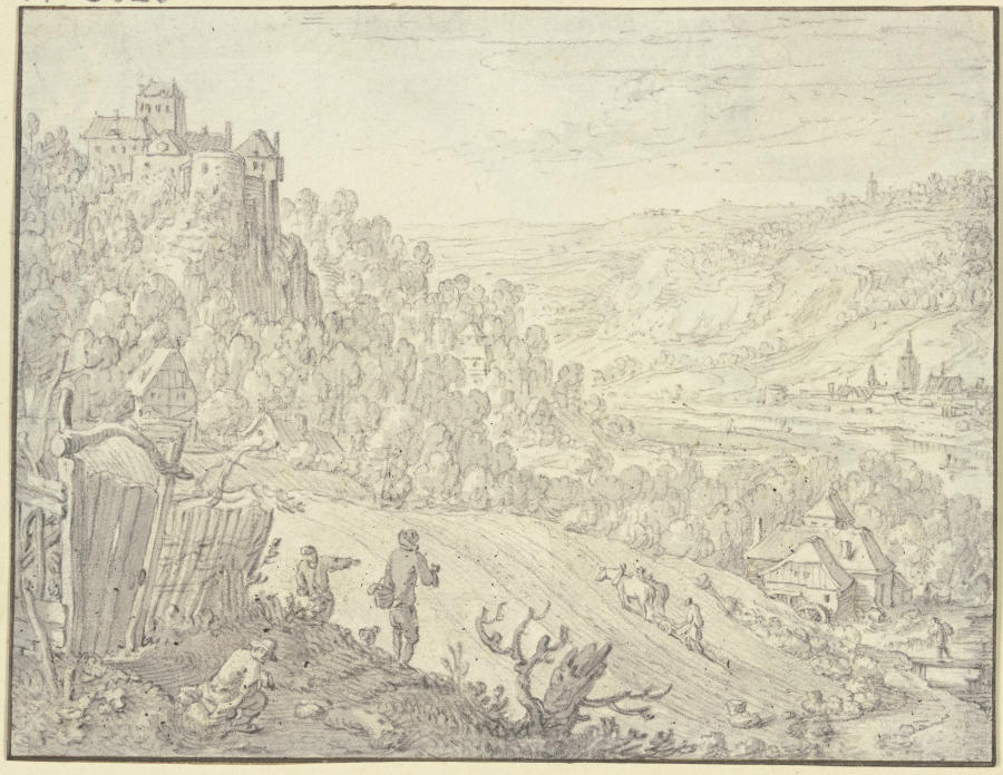 Landschaft mit Felsenschloß, im Tal eine Mühle de Herman Saftleven III