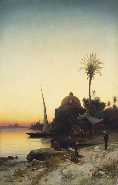 Moslems at the evening prayer on the shore of the de Hermann David Salomon Corrodi