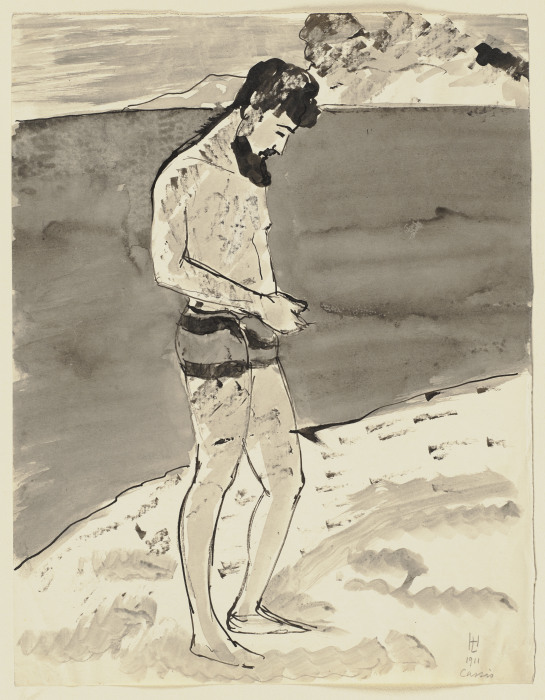 Bärtiger Mann in Badehose an der Côte d’Azur de Hermann Lismann