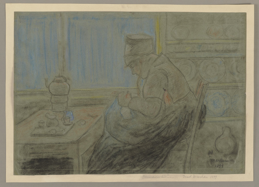 Frau im Profil nach links bei der Handarbeit, in der Küche sitzend de Hermann Lismann