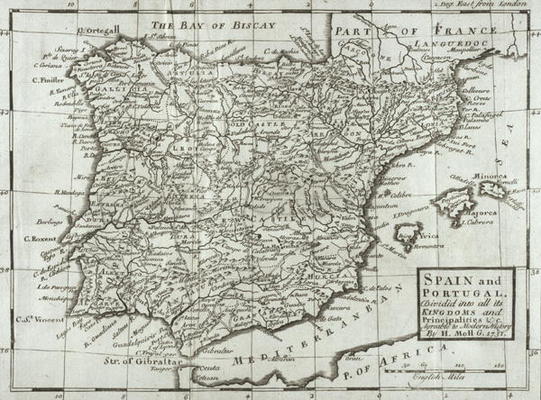 Map of Spain and Portugal, 1731 (engraving) de Hermann Moll